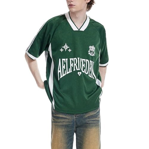 Aelfric Eden Jersey Shirts Women Oversized Mesh V Neck Graphic Tees Y2k Color Block Short Sleeve T Shirt Tops - Medium - Green thumbnail 8