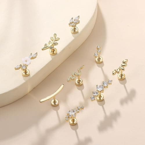 ZELORES 9Pcs Flat Back Cartilage Earrings for Women Trendy 16G Tragus Conch Helix Piercing Jewelry Stainless Steel Snake Star CZ Flat Back Stud Earrings Set thumbnail 6