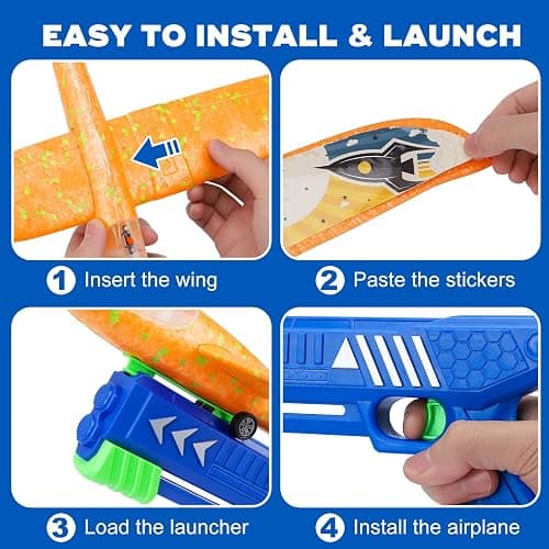 3 Pack Foam Airplane Launcher Toy with 3 DIY Stickers, 12.6" Glider Led Plane, Catapult Plane Boy Toys, Outdoor Sport Flying Toys for Kids Birthday Gifts for 4 5 6 7 8 9 10 11 12 Year Old Boys Girls thumbnail 5