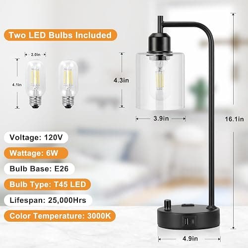 Industrial Nightstand Lamps for Bedrooms Set of 2 - Fully Dimmable Bedside Lamps with USB A C Ports and Outlet, Black Table Lamps with Clear Glass Shade for Living Room, Desk Lamps for Office Reading thumbnail 6
