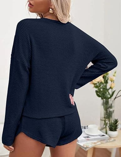 Ekouaer Womens Waffle Knit Pajama Sets Long Sleeve Top and Shorts Matching Lounge Set Loungewear Sweatsuit with Pockets thumbnail 2