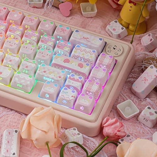 TYRIXKI PBT Keycaps - Pink Meow Meow Keycap, 113 Keys Side Print Shine Through Cute Keycap, Mao Profile Custom Cat Keycaps for 60 65 75 100 Percent Cherry MX Mechanical Keyboard thumbnail 2