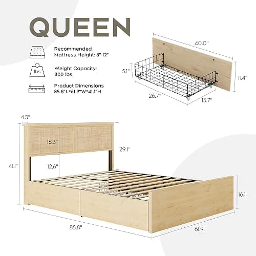 Yechen Queen Bed Frame with Natural Rattan Headboard and Wooden 4 Storage Drawers, Metal Platform with Strong Wooden Slats Support, Boho Cane Bed Mattress Foundation, No Box Spring Needed thumbnail 2