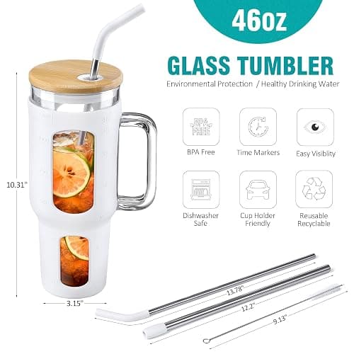 WINSA Glass Tumbler with Lid and Straw, 46 oz Iced Coffee Cup with Handle, Large Water Bottles with Silicone Sleeve, Glass Cup with Straws - Pearl Straw & Drinking Straw BPA Free-White thumbnail 3