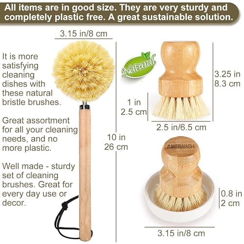 Wooden Dish Brush Set Clean Pots, Pans and Vegetable, Natural Bristles Bamboo Scrub Brushes with Ceramic Dish - 1 Long Handle Dish Brush + 2 Palm Scrubbing Brush thumbnail 2