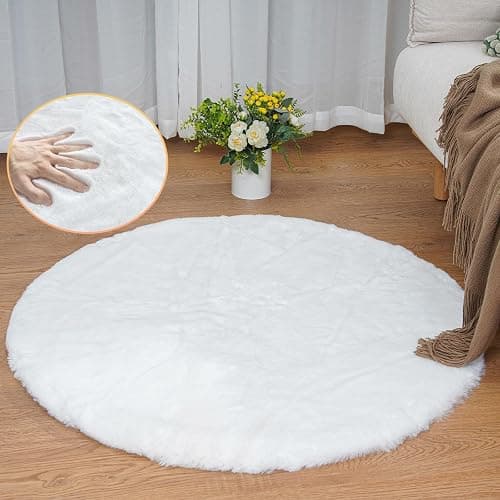 ORINOVA White Faux Rabbit Washable Fur Area Rugs Circle Rugs for Living Room Bedroom Teen Room Fluffy Area Rug 3ft Round Rug - Image 1
