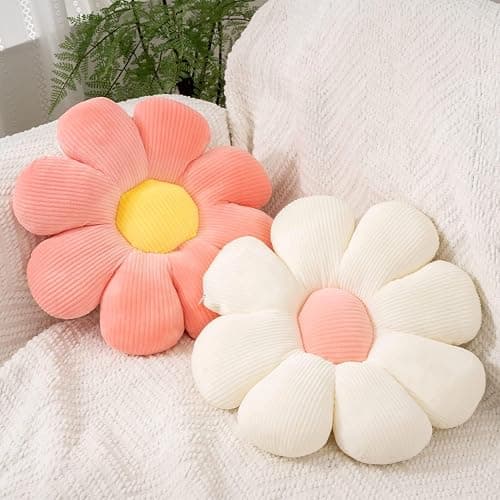 FSRONGXI 2pcs Daisy Flower Throw Pillows, Cute Aesthetic Preppy Room Decor Decorative Pillow Floor Cushions for Girls Bedroom Bed Sofa Chair Couch(Pink & White, 38x38cm) - Image 1