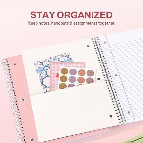 SUNEE Spiral Notebook, 1-Subject, College Ruled Paper, 8" x 10-1/2", 100 Sheets per Notebook, 3-Hole Punched Paper, Water Resistant Cover, Double-sided Pockets, Spiral Lined Notebooks for Work, Pink thumbnail 4