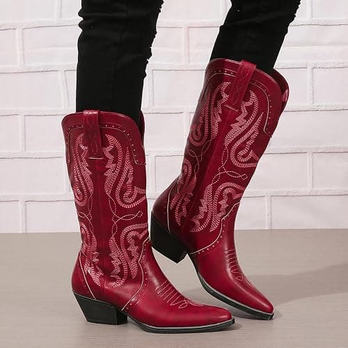 Cowboy Boots for Women Cowgirl Mid Calf Western Boots Embroidered Stitched Pointed Toe Chunky Block Heel Brown Red Black US5-11 thumbnail 4