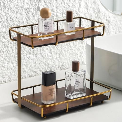 Dobbyby Bathroom Organizer Countertop Perfume Organizer Makeup Organizer Cosmetics Storage Display Rack Vanity Tray Dresser Stainless Steel Gold Shelf Wooden Tray - Image 1