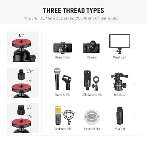NEEWER TL253A+DS001 Table Camera Tripod with 2 Telescopic Arms, Phone Holder, Ball Heads, Screw Adapter, Table Light Stand for Camera, Mobile Phone, Webcam, Ring Light thumbnail 5