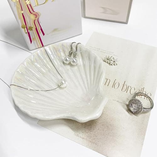 Ring Dish Shell Shape Ceramic Jewelry Dish Tray, Decorative Trinket Dish Organizing Rings Earrings Necklaces Keys for Mom Friend Sister, 3.9", White Iridescent Surface thumbnail 2