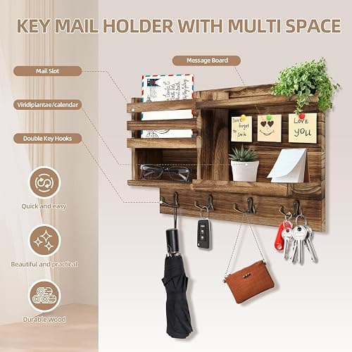 Key Holder Wall Mount, Solid Wood Key and Mail Organizer for Wall(Self Adhesive or Drill), 8 Hooks Key Rack for Entryway Hallway Bedroom Farmhouse Home Decor (Burnt Brown) thumbnail 4