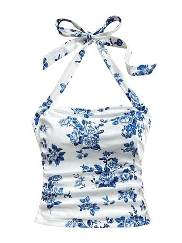 WDIRARA Women's Floral Print Halter Top Ruched Tie Backless Sleeveless Boho Crop Tops - Image 1