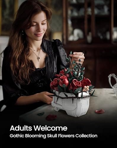 iATOM Skull Roses Flower Bouquet Building Set, Botanical Collection Kit for Adult Women, Birthday Gifts for Mothers Day for Her/Girlfriend/Mom/Wife/Couple, Goth Horror Skeleton Pot Home Table Decor thumbnail 2
