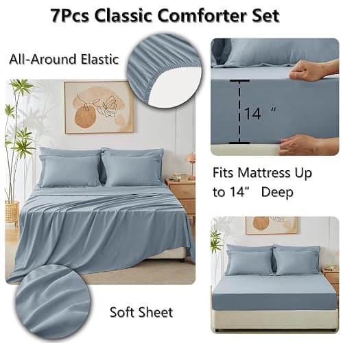 CozyLux Queen Comforter Set Dusty Blue - Bed in a Bag Queen Size 7 Pieces, Luxury Soft Bed Set for All Seasons, Bedding Set with Down Alternative Comforter, Sheets, Pillowcases & Shams, Grayish Blue - Dusty Blue - Queen thumbnail 5