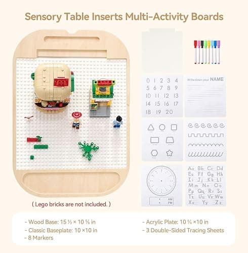 IEATFO Sensory Table Inserts Multi-Activity Boards, Classic Baseplate for Building Bricks, Clear Acrylic Writing & Drawing Panel with 3 Double-Sided Sheets, 8 Markers thumbnail 2