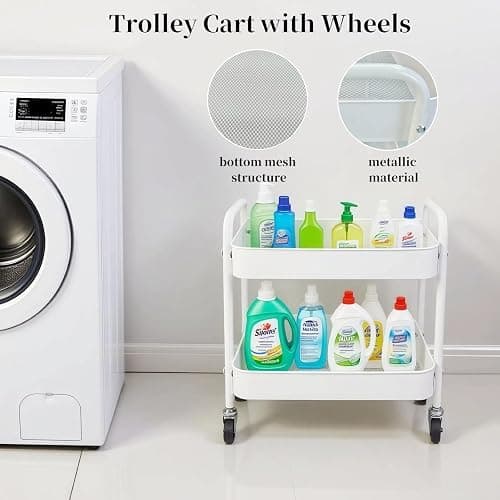 LIWNYRK 2 Tier Metal Rolling Cart with Wheels for Under Desk Storage & Pantry Storage, High Load-Bearing Kitchen Utility Cart for Small Space, Laundry Room Organization Side Table with 4 Hooks, White thumbnail 6
