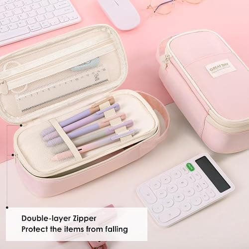 SKYDUE Pink Pencil Case for Girls - Aesthetic Pencil Bag with Multi-Compartment, Large Capacity Zippered Pencil Pouch for School Supply thumbnail 3
