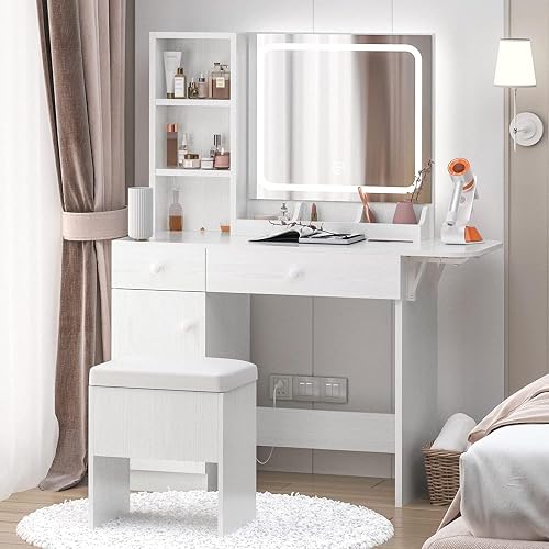 IRONCK Vanity Desk with LED Lighted Mirror & Power Outlet, Makeup Table with Drawers & Cabinet,Storage Stool, White thumbnail 9