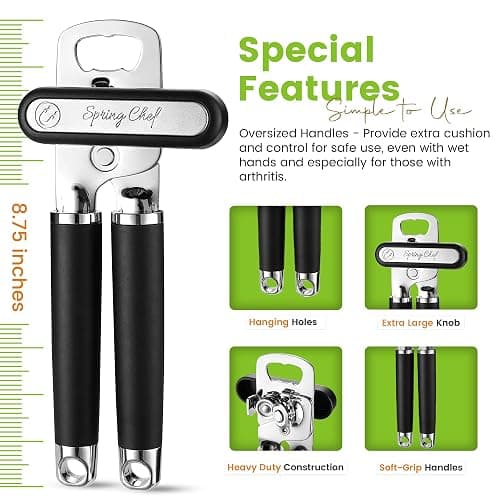 Spring Chef Stainless Steel Can Opener - Manual with Soft Grip Handles, Easy Turn, Heavy Duty Hand Can Openers for Seniors with Smooth Edge - Magnetic Lid Remover - Black thumbnail 3