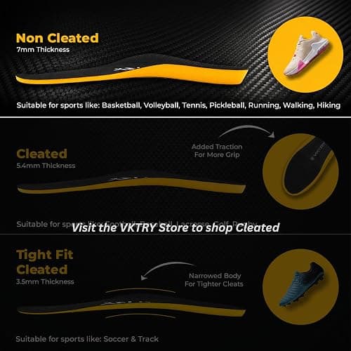 VKTRY Gold Sport Insoles for Non-Cleated Shoes - Carbon Fiber Insole | For Basketball, Volleyball & More: Performance Insoles | Jump High, Run Fast, Arch Support, Men, Women, Athletic Shoe Inserts thumbnail 2