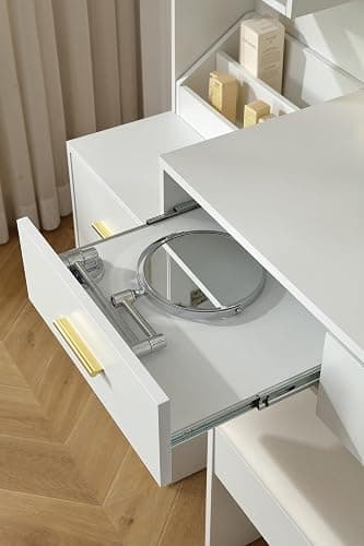 FOREST GRAVITY 58.3'' Large Vanity with Folding Up Mirror and Lights,Makeup Vanity Desk with Mirror and Lights,Outlet, Chair and Two Makeup Organizers,Dressing Table for Bedroom,White thumbnail 7
