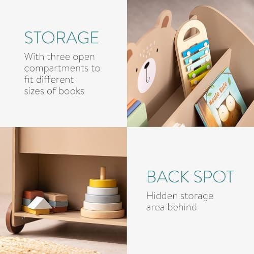 Navaris Bücherregal für Kinder - Kinderzimmer Regal für Bücher und Spielzeug aus Holz - 60 x 58 x 40 cm - Buchregal mit Rollen - Organizer Braun Bär thumbnail 4