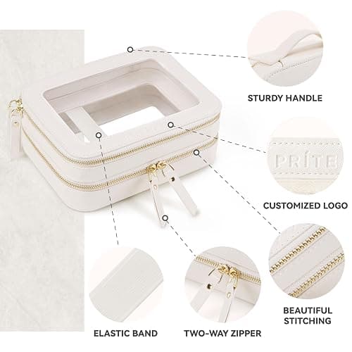 Prite Double Layer Makeup Bag for Women Portable Clear Makeup Bag Cute Waterproof Travel Cosmetic Bag with Gold Zipper for Car Essentials(Beige) thumbnail 4