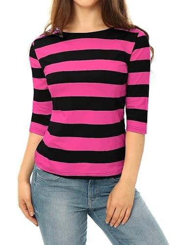 Allegra K Women's Elbow Sleeves Top Casual Boat Neck Slim Fit Stripe T-Shirt thumbnail 4