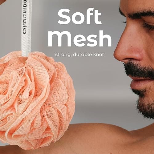 MainBasics Shower Loofah Sponge Pouf, Set of 3, Coral Reef | Soft Mesh Body Scrubber and Bath Sponge for Gentle Exfoliation, Rich Lather, and Everyday Shower Use thumbnail 3