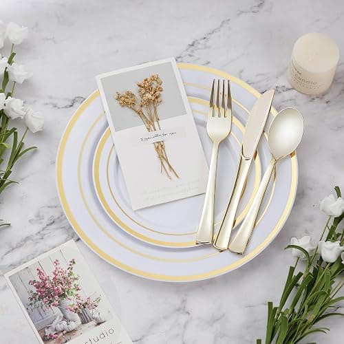 BESTVIP 150PCS Plastic Dinnerware Set (25 Guests), Gold Disposable Plates for Party, Wedding, Christmas, Anniversary, Includes: Dinner Plates, Dessert Plates, Cups, Spoons, Forks and Knives thumbnail 2
