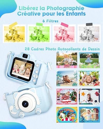 Appareil Photo Enfant Numérique, Jouet Fille 3-12 Ans, Rose, Double Objectif, Carte SD 32 Go, Étui en Silicone, Écran IPS 2,0 Pouces, Vidéo HD 1080p - Cadeau Fille de Noël et d'anniversaire (Bleu) thumbnail 5