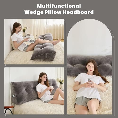 Zelladorra Headboard Pillow for Bed,Triangular Wedge Pillow Headboard Soft Support While Reading and Resting,Bed Bolster Cushion Headboard with Removable Cover,Dark Grey, Queen (59"x8"x20") thumbnail 7