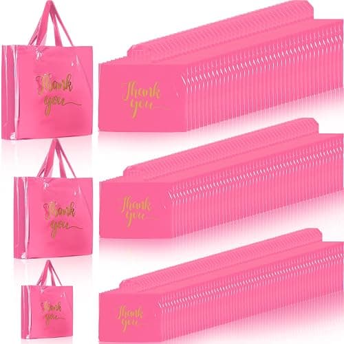 Teling 200 Pcs Thanks Bags with Handle Bulk Thank You Merchandise Bags 3 Size Plastic Packet Retail Shopping Package for Boutique 9 x 12'', 12 x 15'', 15 x 18''(Pink) - Image 1