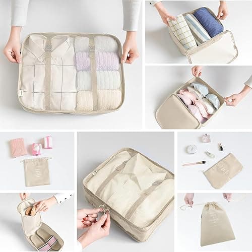 LANSKLBD 6/8 Set Packing Cubes for Suitcases Travel Luggage Packing Organizers,Travel Accessories Essentials Luggage Organizer with Shoe/Tioletry/Laundry Bag (Beige, 8 set) thumbnail 4