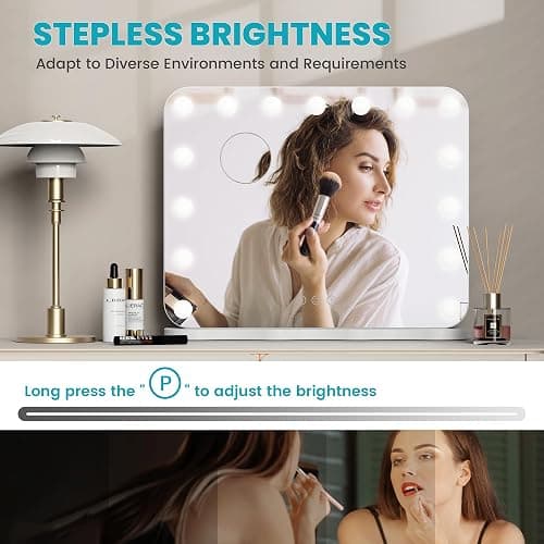 Hollywood Vanity Mirror with Lights, 58×45cm Large Lighted Makeup Mirror with 15 Dimmable LED Bulbs, 3 Lighting Modes, Smart Touch Control, Tabletop and Wall Mounted for Bedroom, USB/Type C Output thumbnail 4