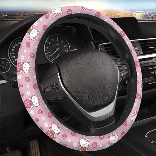 Kitty Accessories Car, Strawberry Pink Cat Wheel Cover, Y2K Car Accessories, Girly Steering Wheel Cover, Universal Fit 14.5-15 inch Auto SUV Vans Trucks, Anti-Slip and Sweat Absorption thumbnail 5