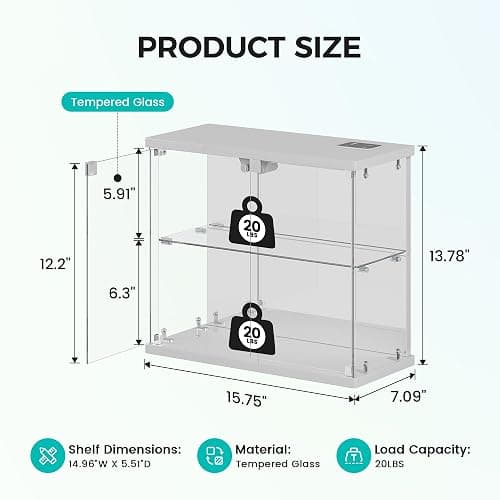 Dystler Lighted Clear Glass Display Case - for Figures & Collectibles, Small 2-Tier Display Cabinet with Charging Station, LED Display Box with Lights & Human Sensor, for Model Car, Perfume, White thumbnail 2