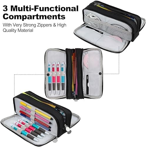 Chelory Large Capacity Pencil Case Big Pencil Bag Pouch 3 Compartment Pen Cases for Office Organizer High Storage Makeup Bag Men Women Adults, Black thumbnail 6