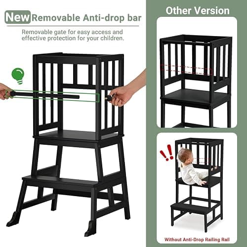 COSYLAND Kids Kitchen Step Stool Helper Baby and Toddler Multi-Function Step up Nursery Helper Stand with Safety Rail in Natural Bamboo, Strong and Lightweight 1.5-3 Years (Black) thumbnail 3