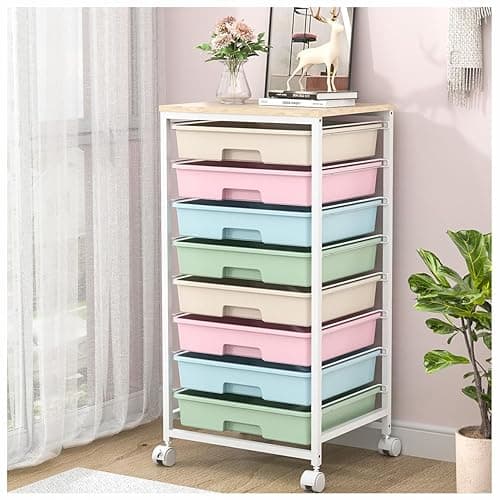 SYKIARIOL Rolling Storage Cart with Drawers,Utility Cart With 8 Drawers and Wooden Tabletop,Rolling Drawer Cart,Storage Drawer Cart for Living Room,Classroom,Bedroom,Bathroom,Dorm,Office,Rainbow - Image 1