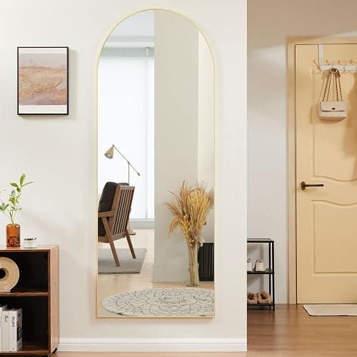 Sweetcrispy Arched Full Length Mirror 64"x21" Full Body Mirror Floor Mirror Standing Hanging or Leaning Wall, Large Arch Wall Mirror with Stand Aluminum Alloy Thin Frame for Bedroom Cloakroom,Gold thumbnail 3