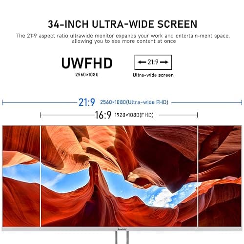 Gawfolk 34 Inch IPS Ultrawide 120Hz Gaming Computer Monitor, 21:9 UWFHD (2560x1080) PC Screen, 120% sRGB, Adaptive Sync, 178° Viewing Angle, Display Port, HDMI, Compatible with Wall mounting - White thumbnail 2