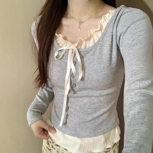 Y2K Coquette Shirts Girly Lace Patchwork Tight Crop Tops Women Fairycore Aesthetic Baby Tee Bow Tie Cutecore Clothes thumbnail 3