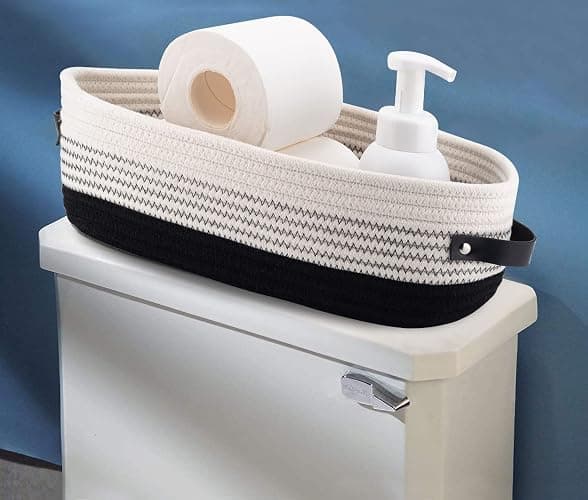 Oradrem Cotton Rope Toilet Basket Bathroom Decor Baskets, Toilet Paper Holder Basket, Farmhouse Home Decor Organizing Small Baskets 13"x5.9"x4" Black thumbnail 4