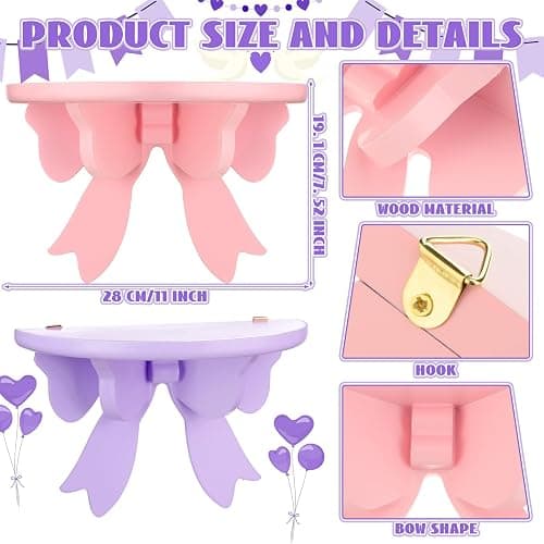 Pinkunn 2 Pcs Bow Floating Shelves Kawaii Shelf Book Stand Farmhouse Rustic Corner Wall Shelf Wooden Bow Tie Rack Princess Room Decor for Nursery Home Bedroom Office Wall Decor(Pink,Purple) thumbnail 3