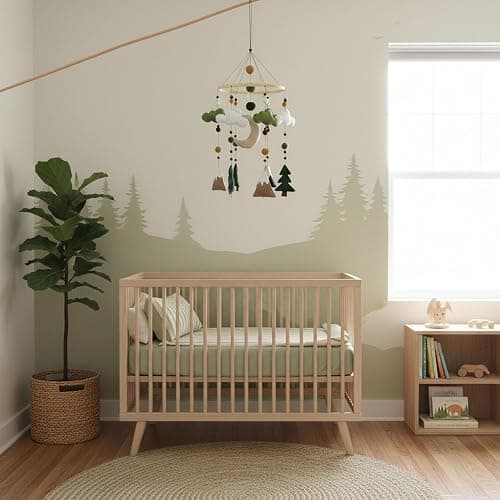 Woodland Baby Mobile for Crib - Felt Forest Nursery Decor for Boys & Girls - Hanging Mountain & Pine Tree Mobile with Moon and Clouds - Nature Theme Bedroom Decorations - Neutral Baby Shower Gift thumbnail 2