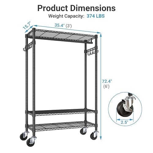 VIPEK R3C Rolling Clothes Rack with Cover Portable Closet for Hanging Clothes, Heavy Duty Garment Rack Clothing Racks with Wheels& Hanging Rod, Black Racks with Grey Upgraded Polyester Cover thumbnail 3