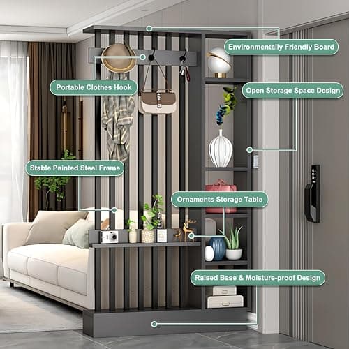 Fakednss Freestanding Room Divider with Shelves, Modern Wall Room Dividers with Coat Rack and Storage Cabinet, Entrance Hall Partition Screen Column Floor to Ceiling, Privacy Screens for Home Office thumbnail 6